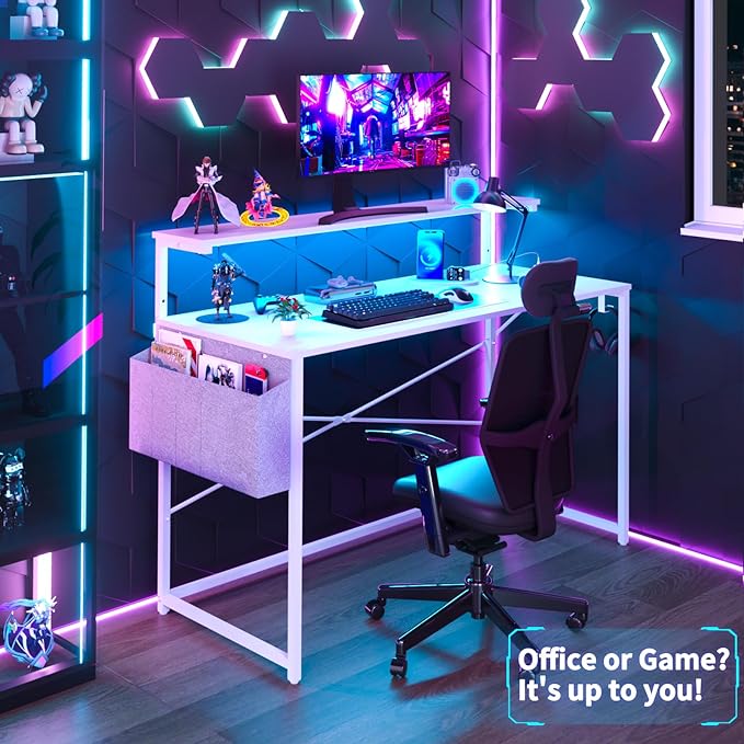 Yoobure Computer Desk with Power Outlets Fast Charging Type-C, Gaming Desk with LED Lights, 47" Office Desk with Adjustable Monitor Stand, Small Desk Home Office Desks with Storage Bag & Hook - LeafyLoom