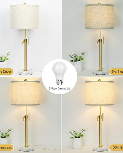 Table Lamp Set of 2: 22" to 30" Height Adjustable Pull Chain Switch for Living Room Bedroom End Table, Marble Base Beige Linen Shade Gold Nightstand Lamp for Office, Bedside Table (Gold, Beige Shade) - LeafyLoom