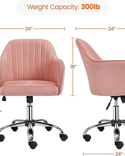 Yaheetech Velvet Vanity Chair Makeup Chair Cute Office Chair Aesthetic Desk Chair Height Adjustable Task Chairs 360° Swivel Computer Chair Living Room Chairs with Arms&Stainless Base Accent Pink - LeafyLoom