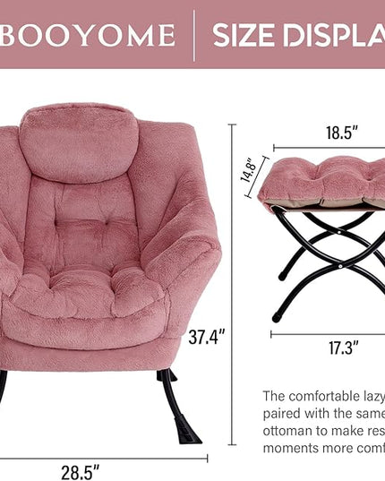 Lazy Chair with Ottoman, Modern Accent Chair Contemporary Lounge Leisure Upholstered Sofa Chair Set with Armrests, Reading Chair for Living Room, Bedroom, Office, Plush Dark Pink - LeafyLoom