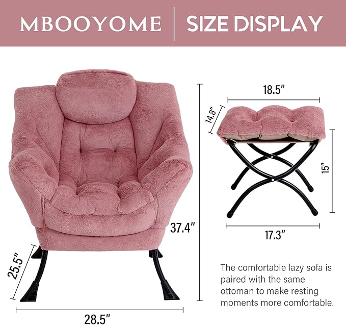 Lazy Chair with Ottoman, Modern Accent Chair Contemporary Lounge Leisure Upholstered Sofa Chair Set with Armrests, Reading Chair for Living Room, Bedroom, Office, Plush Dark Pink - LeafyLoom