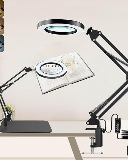 Magnifying Glass with Light and Stand, Desk Lamp with 10X Magnifying, 3 Color Modes, Dimmable Swivel Arm Magnifier Light for Crafts Workbench - LeafyLoom