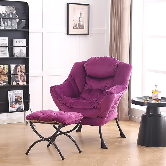 LITA Lazy Chair with Ottoman, Modern Accent Leisure Upholstered Sofa Chair, Contemporary Lounge Reading Chair with Armrests and a Side Pocket for Living Room, Bedroom & Small Space - LeafyLoom