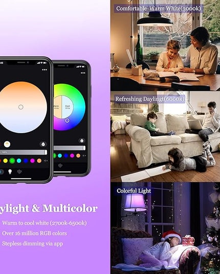 Smart Light Bulb, WiFi & Bluetooth 5.0, A19 E26 800LM Color Changing Light Bulb, Warm to Cool White, Dimmable LED Lights, App Control, UL Listed, No Hub Required, Works with Alexa Google Home Vanance