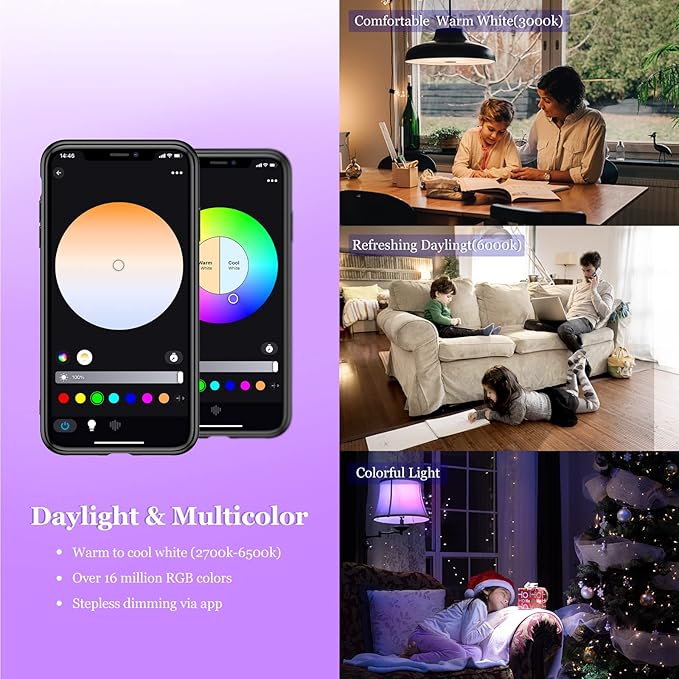 Smart Light Bulb, WiFi & Bluetooth 5.0, A19 E26 800LM Color Changing Light Bulb, Warm to Cool White, Dimmable LED Lights, App Control, UL Listed, No Hub Required, Works with Alexa Google Home Vanance
