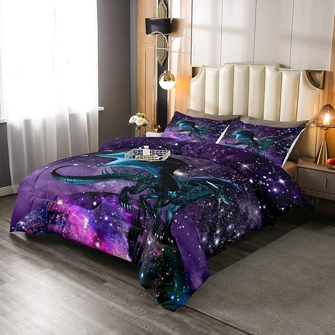 Erosebridal Dragon Bedding Set Purple Nebula Comforter Set Full Size Mysterious Outer Space Duvet Set Trippy Bedding Set for Kids Boys Girls Teens Room Decor, Safari Wildlife Animals Quilt Set - LeafyLoom