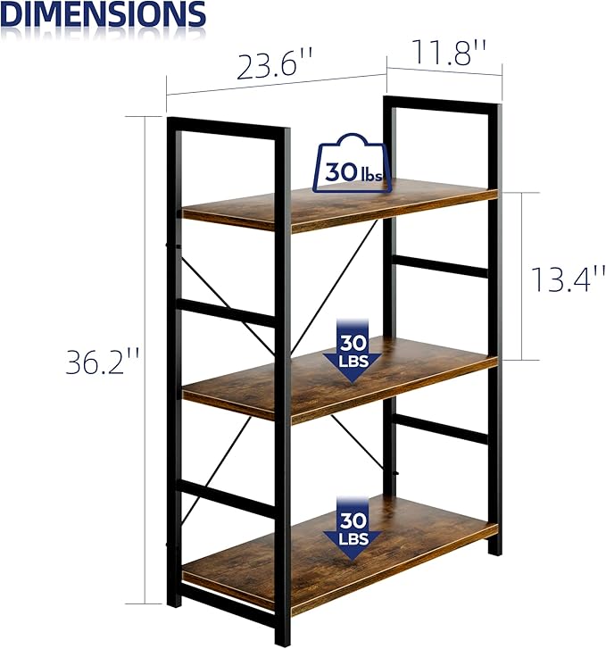 NUMENN 3 Tier Bookshelf, Bookcase Shelf Storage Organizer, Modern Book Shelf for Bedroom, Living Room and Home Office, Vintage - LeafyLoom