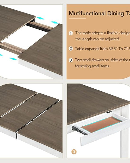 71.5 Inch Dining Table Set for 6, 7-Piece Wooden Extendable Table with 12" Leaf and 2 Drawers, 6 Dining Chairs with Soft Cushion for Dining Room, Living Room, Antique White+Brown - LeafyLoom