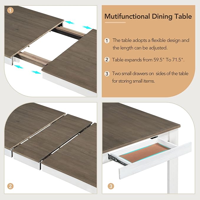 71.5 Inch Dining Table Set for 6, 7-Piece Wooden Extendable Table with 12" Leaf and 2 Drawers, 6 Dining Chairs with Soft Cushion for Dining Room, Living Room, Antique White+Brown - LeafyLoom