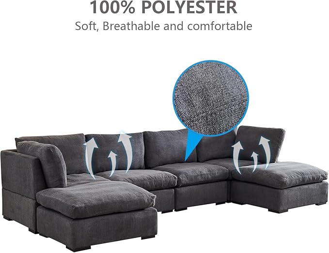 U Shaped Down Filled Oversized Cloud Couch with Double Chaise, Deep Seat Free Combination Convertible Corner Sectional Sofa Bed with Detachable Backrest and Wooden Legs for Living Room Office - LeafyLoom