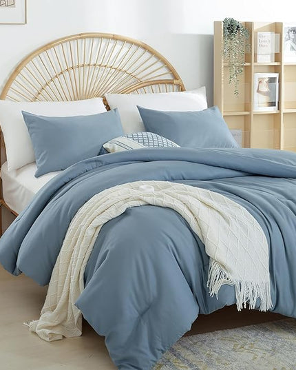 Grayish Blue Full Comforter Boho Dusty Blue 3PCS Microfiber Bed Comforter Sets for All Season Comforter for Men and Women Soft Lightweight Bed Comforter Set (1 Comforter, 2 Pillowcases) - LeafyLoom