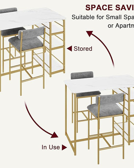 GAOMON Dining Table Set for 2, Kitchen Table and Upholstered Chairs for 2, 3 Piece Counter Height Bar Kitchen Table Set with 3 Storage Shelves for Small Space, Apartment, Velvet Gray and Gold White - LeafyLoom