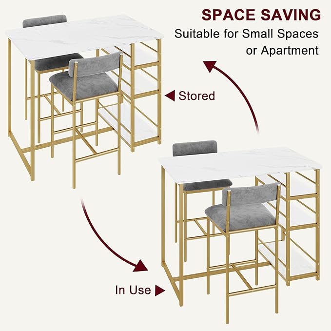 GAOMON Dining Table Set for 2, Kitchen Table and Upholstered Chairs for 2, 3 Piece Counter Height Bar Kitchen Table Set with 3 Storage Shelves for Small Space, Apartment, Velvet Gray and Gold White - LeafyLoom
