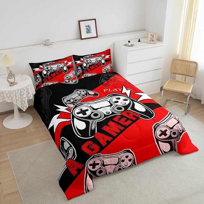 Erosebridal Gaming Comforter Sets for Boys Kids Gamer Comforter Set,Video Game Bedding Set Red Black Gamepad Quilt Duvet Set Men Boys Bedroom Decor,King Size 3Pcs - LeafyLoom