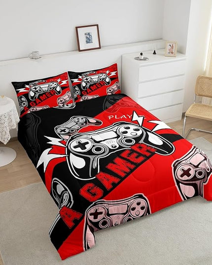 Erosebridal Gamer Comforter Sets for Boys Full Size,Gaming Bedding Sets for Boys Kids Teens Gamepad Gaming Comforter Set Game Room Decor,Red Black 3Pcs - LeafyLoom