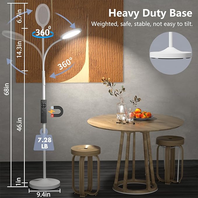 White Floor Lamp,Super Bright Dimmable Led Floor Lamps for Living Room, Custom Color Temperature Standing Lamp with Remote Push Button, Adjustable Gooseneck Reading Floor Lamp (LK-1006) - LeafyLoom
