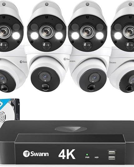Swann Home Security Camera System with 2TB HDD, 8 Channel 8 Cam, POE Cat5e NVR 4K HD Video, Indoor or Outdoor Wired Surveillance CCTV, Color Night Vision, Heat Motion Detection, Dome Cams, 886808FB SwannUSA