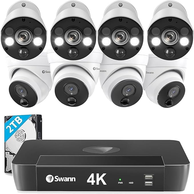 Swann Home Security Camera System with 2TB HDD, 8 Channel 8 Cam, POE Cat5e NVR 4K HD Video, Indoor or Outdoor Wired Surveillance CCTV, Color Night Vision, Heat Motion Detection, Dome Cams, 886808FB SwannUSA
