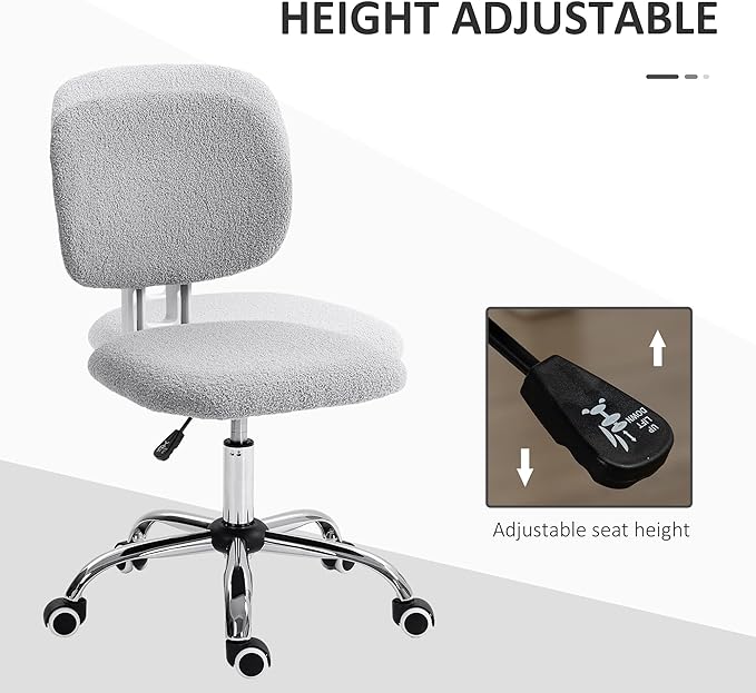 Vinsetto Cute Armless Office Chair, Teddy Fleece Fabric Computer Desk Chair, Vanity Task Chair with Adjustable Height, Swivel Wheels, Mid Back, Light Gray - LeafyLoom