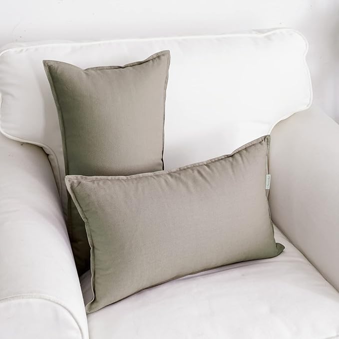 Jeanerlor Natural Cotton Linen Green Decorative 12"x20" Throw Pillow Case Cushion Cover with Twin Needles Stitch on Edge for Lumbar, (30 x 50cm), 2 Pcs, Gray - LeafyLoom