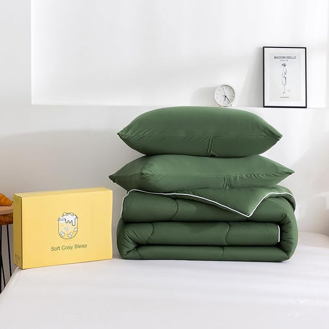 COTTEBED 2 Pieces Ultra-Soft Olive Green Twin XL Bedding Comforter Set, Twin Size Jersey Knit T-Shirt Feel Cozy Cute Lightweight Quilt Blanket for Kid Teens School College Dorm All Season Use 68"x92" - LeafyLoom