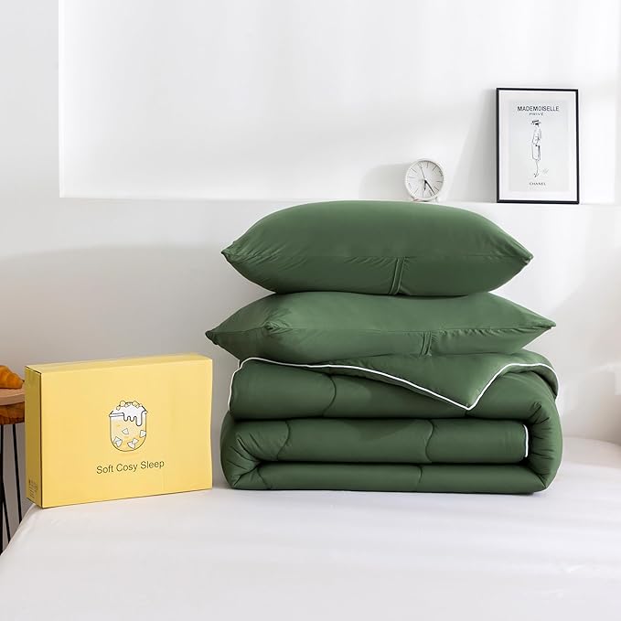 COTTEBED 3 Pieces Softness Comforter Set KING Size Bed, California Cal King Jersey Knit T-Shirt Feel Ultra-Soft Comy Lightweight 1 Bedding Quilt Blanket Conforter & 2 Pillowsham All Season Olive Green - LeafyLoom