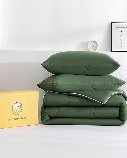 COTTEBED 3PCS Olive Green Comforter Set Queen Size - Jersey Knit T-Shirt Feeling Ultra-Soft Cute Cozy Lightweight Bedding Blanket Quilt Down Set & Pillowcase for All Season Use, Full Queen 88x92 inch - LeafyLoom