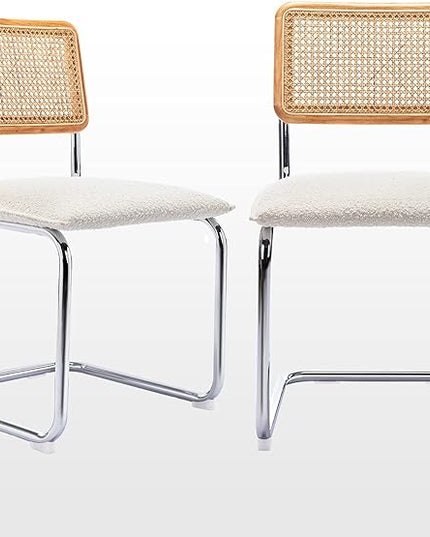 Zesthouse Mid Century Modern Dining Chairs Set of 2, Upholstered Boucle Kitchen Chairs, Famous Breuer Designed Chairs, Armless Accent Chairs with Natural Cane Back & Stainless Chrome Base - LeafyLoom
