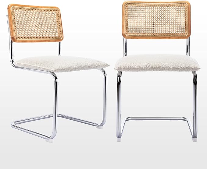 Zesthouse Mid Century Modern Dining Chairs Set of 2, Upholstered Boucle Kitchen Chairs, Famous Breuer Designed Chairs, Armless Accent Chairs with Natural Cane Back & Stainless Chrome Base - LeafyLoom