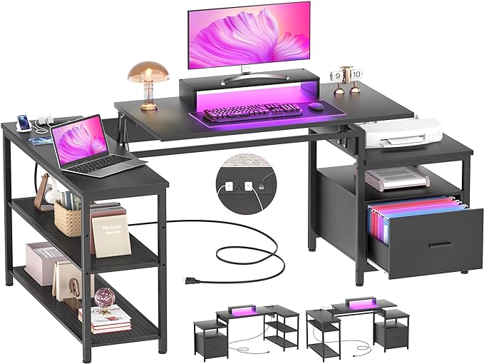 Aheaplus L Shaped Desk with Power Outlet, Standing Home Office Desk with Lift Top and File Drawer, 63'' Corner Computer Desk with Monitor Stand&Printer Shelves, Gaming Desk with Led Lights, Black - LeafyLoom