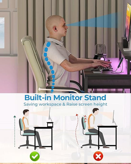 GreenForest Computer Desk with Drawers 39 inch,Gaming Desk with LED Lights & Power Outlets Small Desk with Monitor Stand and Reversible Shelf,Black - LeafyLoom