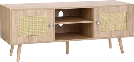 VEVOR Rattan TV Stand, Boho TV Cabinet for 55 inch TV, Mid Century Modern TV Stand, Rattan TV Console with Adjustable Shelfs for Living Room, Media Room, Oak - LeafyLoom