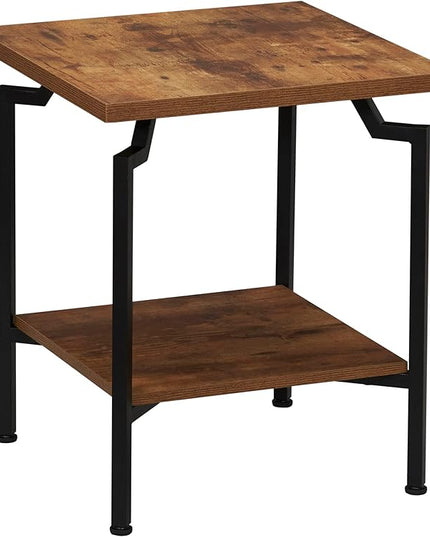 Household Essentials Crown Square Side End Table with Storage Shelf Rustic Hickory Wood Grain and Black Metal - LeafyLoom