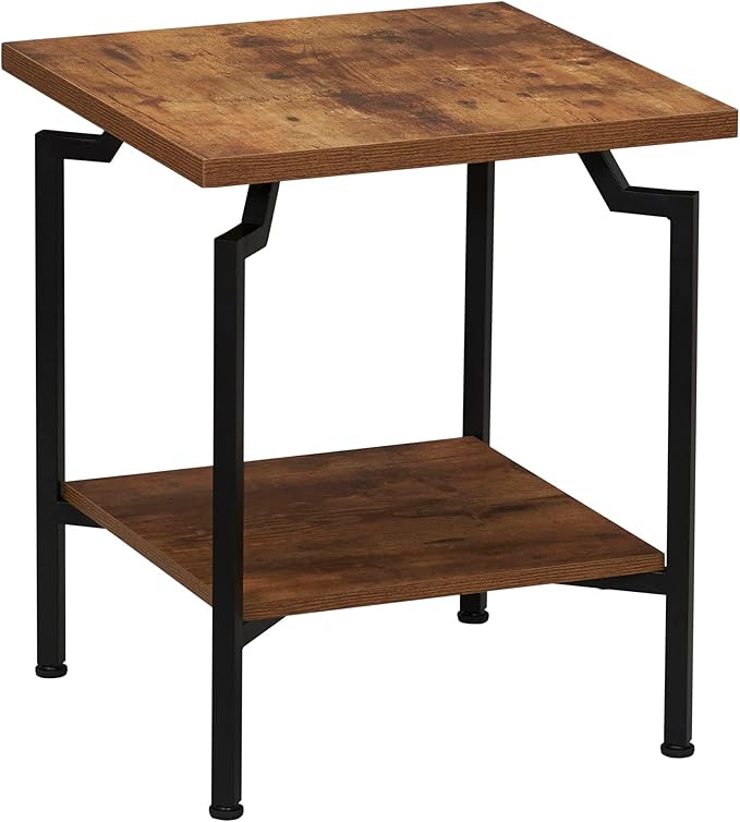 Household Essentials Crown Square Side End Table with Storage Shelf Rustic Hickory Wood Grain and Black Metal - LeafyLoom