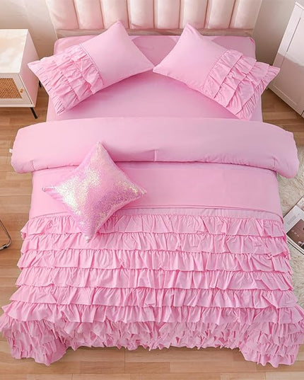 A Nice Night Waterfall Flutter Ruffle Comforter Set,Ruffled Textured Soft Chic Princess 6pcs Bedding Set,with Bling Shiny Sequin Throw Pillow Case,DarkPink,Full - LeafyLoom