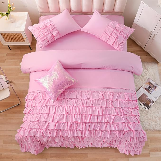A Nice Night Waterfall Flutter Ruffle Comforter Set,Ruffled Textured Soft Chic Princess 6pcs Bedding Set,with Bling Shiny Sequin Throw Pillow Case,DarkPink,Full - LeafyLoom
