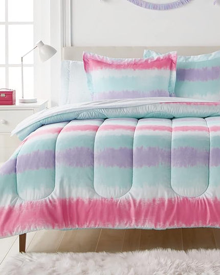 dream FACTORY Tie Dye Stripe 5-Piece Microfiber Bag Comforter Bedding Set Super Soft-Twin, Purple Multi,2D871601MU - LeafyLoom