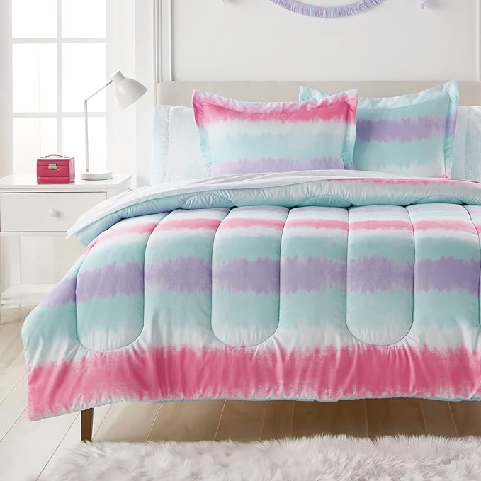 dream FACTORY Tie Dye Stripe 5-Piece Microfiber Bag Comforter Bedding Set Super Soft-Twin, Purple Multi,2D871601MU - LeafyLoom