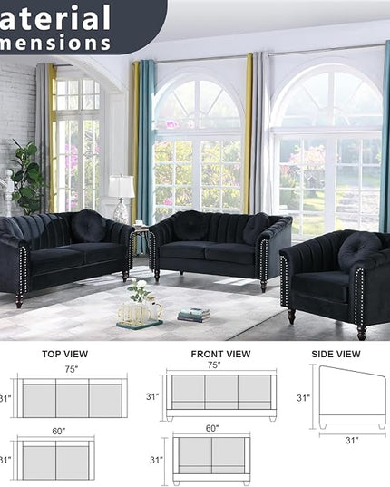 Velvet Modern Living Room Couch 3 Piece with Scroll Arms and Nailhead, includes 2 Love-seat Chair & Armchair, Sofa and Loveseat Set Black - LeafyLoom