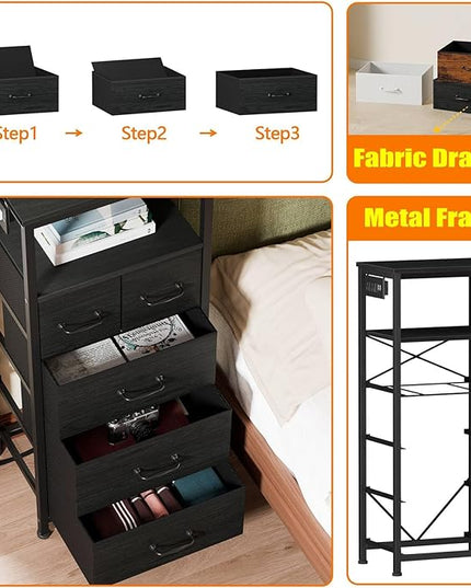 Furnulem Vertical Dresser with Charging Station and LED Lights, Black Chest of Drawers with Shelf and 5 Fabric Bins, Tall Nightstand for Entryway, Closet, Bedside Table, Wood Top, Bedroom Furniture - LeafyLoom