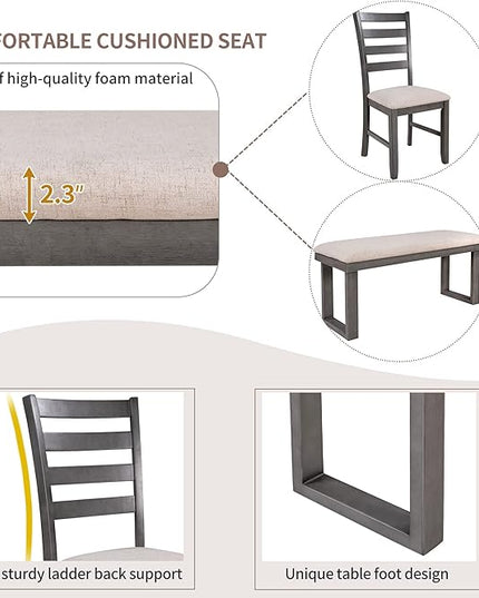 60" Dining Table Set for 6, Solid Wood Dining Room Table Set with Backrest, Kitchen Table Chairs Set of 6 for Living Room and Kitchen, Grey+Beige - LeafyLoom