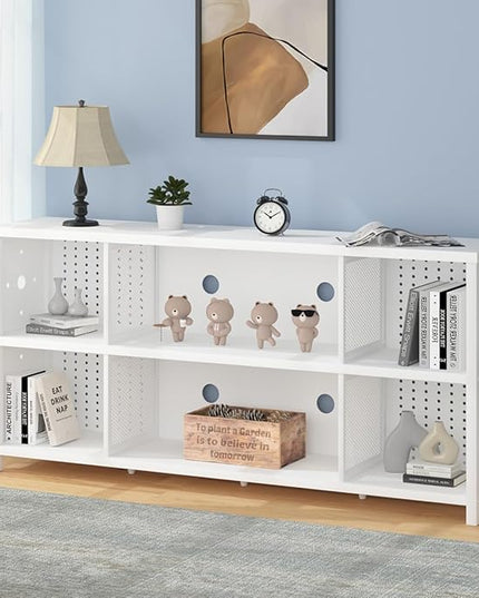 LVB White Horizontal Bookcase, Modern Bookshelf Cube Storage Organizer, Farmhouse Wide Large Wood Metal Book Shelf, Industrial Low Long Cube Shelf for Office Home Bedroom Living Room, White Oak, 63 In - LeafyLoom
