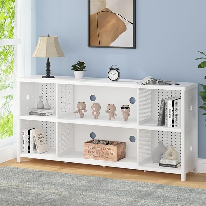 LVB White Horizontal Bookcase, Modern Bookshelf Cube Storage Organizer, Farmhouse Wide Large Wood Metal Book Shelf, Industrial Low Long Cube Shelf for Office Home Bedroom Living Room, White Oak, 63 In - LeafyLoom