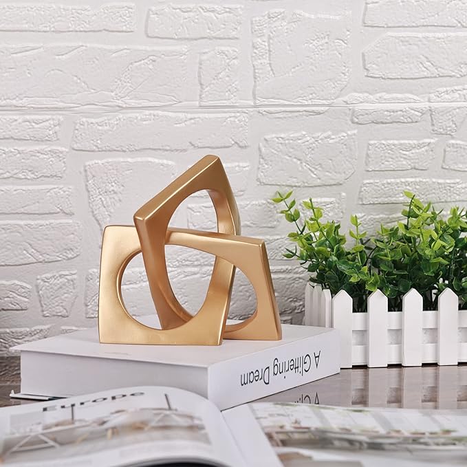 Modern geometric cube gold knot decorations, modern home gold decorative statues, gold home bookcase centerpieces for tabletop decor, console, entryway, dining table centerpieces with gold knots - LeafyLoom