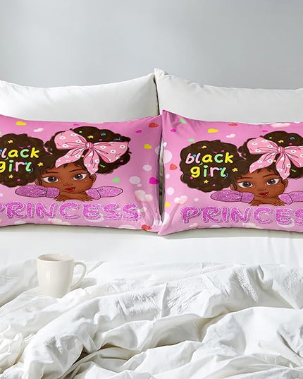 Black Girl Comforter Set Queen, Black African American Girls Queen Comforter Sets, Pretty Pink Princess Queen Comforter Set for Girls Bedroom Decor, Queen (1 Comforter 2 Pillowcases) - LeafyLoom