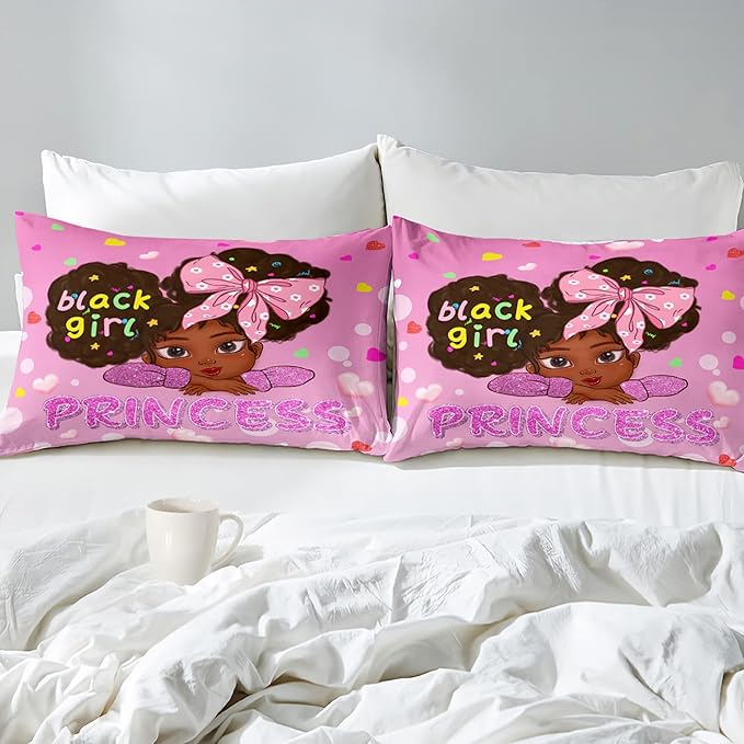 Black Girl Comforter Set Queen, Black African American Girls Queen Comforter Sets, Pretty Pink Princess Queen Comforter Set for Girls Bedroom Decor, Queen (1 Comforter 2 Pillowcases) - LeafyLoom