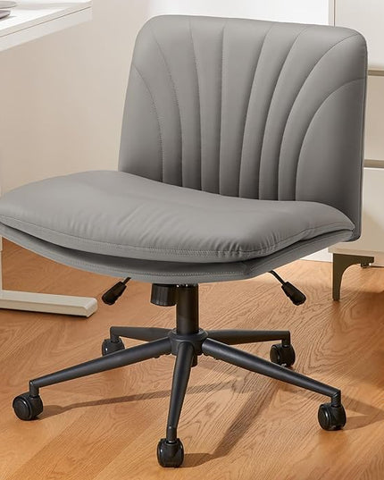 Marsail Armless-Office Desk Chair with Wheels: PU Leather Cross Legged Wide Chair,Comfortable Adjustable Swivel Computer Task Chairs for Home,Office,Make Up,Small Space,Bed Room, Light Grey - LeafyLoom