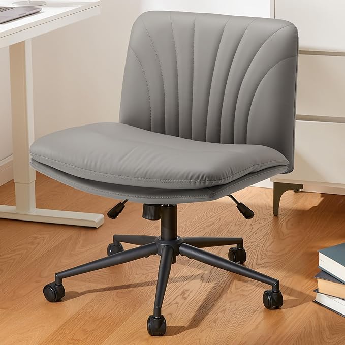 Marsail Armless-Office Desk Chair with Wheels: PU Leather Cross Legged Wide Chair,Comfortable Adjustable Swivel Computer Task Chairs for Home,Office,Make Up,Small Space,Bed Room, Light Grey - LeafyLoom