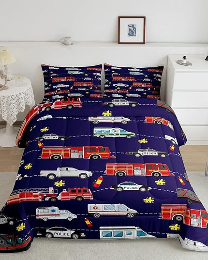 Fire Truck Bedding Bed Set Police Car Comforter Set for Kids Boys Girls Teens Youth Decor Engine Ambulance Cute Comforter Emergency Vehicle Blue Soft Quilt Set Room 3Pcs King Size - LeafyLoom