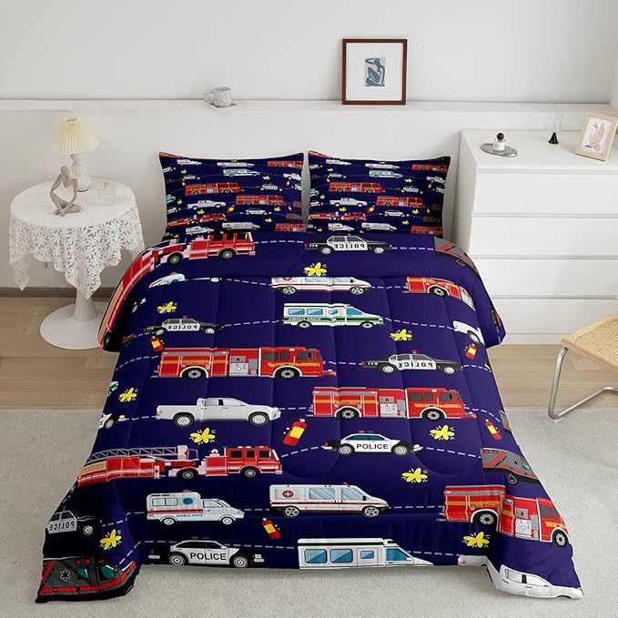 Fire Truck Bedding Bed Set Police Car Comforter Set for Kids Boys Girls Teens Youth Decor Engine Ambulance Cute Comforter Emergency Vehicle Blue Soft Quilt Set Room 3Pcs King Size - LeafyLoom